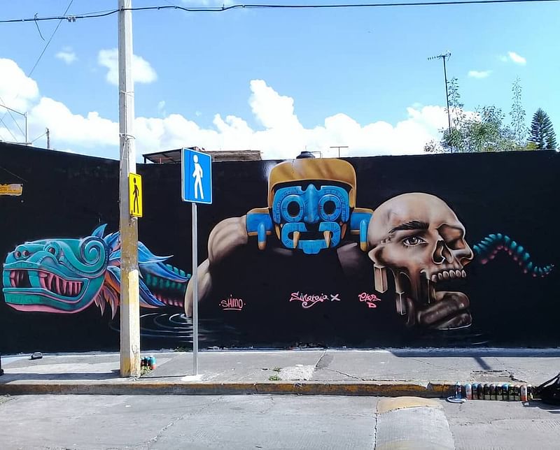 mural in Uriangato by artist Shimo. Tagged: Quetzalcoatl, Tlaloc